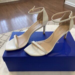 Stuart Weitzman Nudistcurve 75 White Ankle Strap Leather Sandals Heels